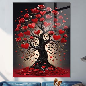 Tempered Glass Wall Art, Modern Life of Tree Color Feather Stylish Glass Wall Art, Home Decoration, Housewarming Gift, Red Life of Tree Art