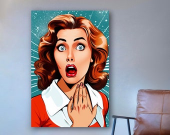 Gehard glas kunst aan de muur, popart muurkunst, komische popart, vrouw WOW, omg shock komische stijl, glazen muurkunst, vrouw muurkunst, lip muur decor