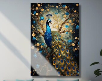 Tempered Glass Wall Art, Peacock Modern Golden Color Feather Stylish Glass Wall Art, Home Decoration, Housewarming Gift, Golden Peacock Art