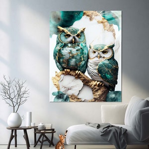 May include: Two green owls with gold accents perched on a branch with a marble and gold background.