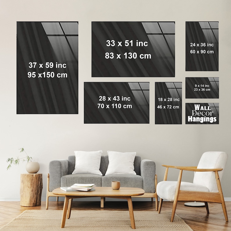 May include: A set of five black and white abstract wall decor hangings with different sizes and dimensions. The hangings feature a blurred, textured background with a window pane design. The dimensions of each hanging are listed in inches and centimeters.