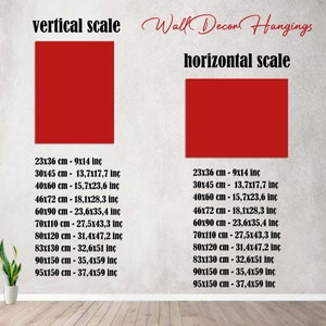 May include: A chart showing the vertical and horizontal scale for wall decor hangings. The chart shows the measurements in both centimeters and inches. The chart is on a white background with a light gray texture.