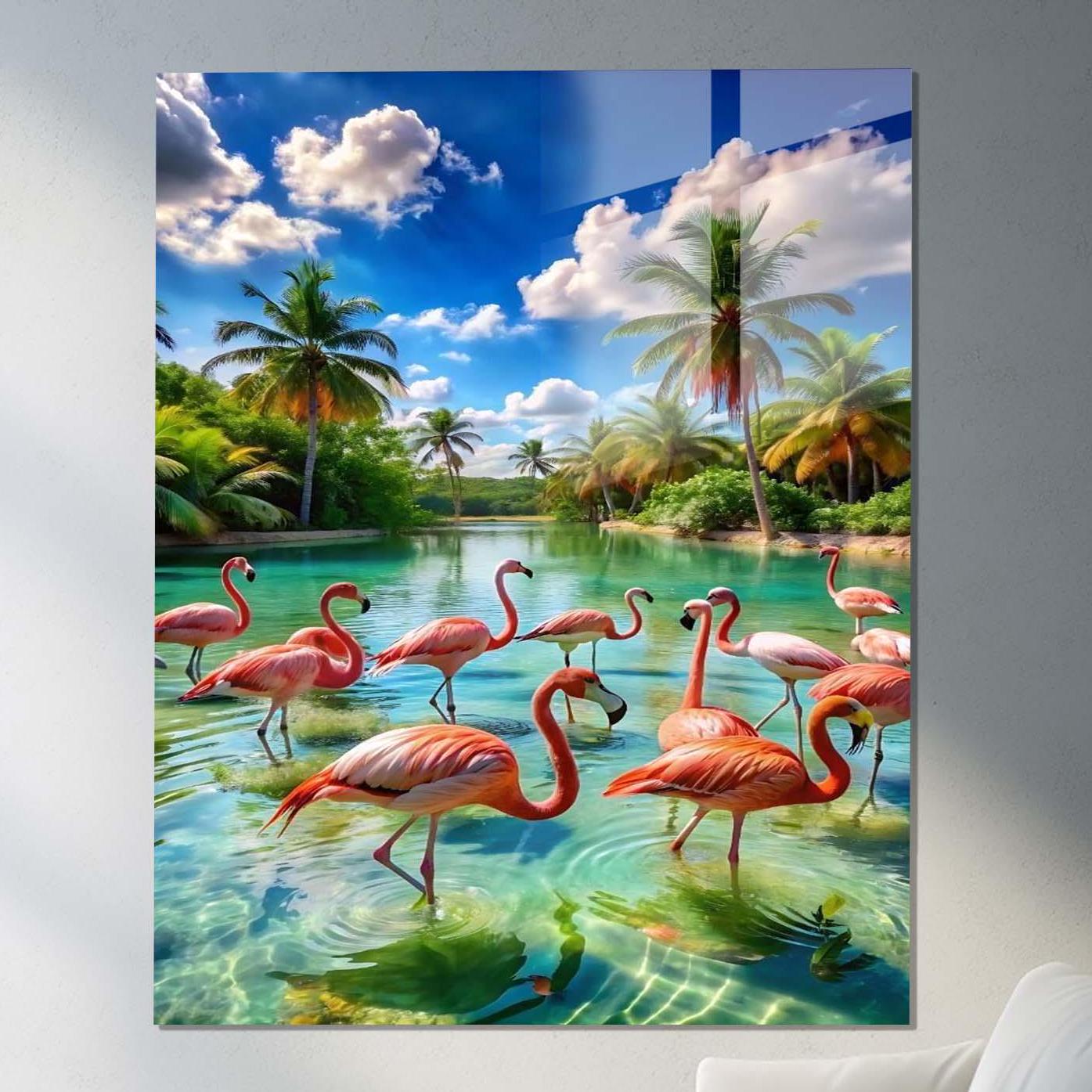 Flamingo Glass Wall Art, Sea Landscape Wall decor, Tempered Glass Wall Art, Glass Wall Art, Luxury Glass Art, Office Wall Decor Art