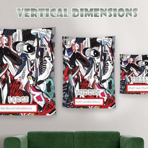 May include: A tapestry featuring a colorful collage of sneakers, with the words "LARGE", "MIDDLE", and "SMALL" indicating different sizes. The tapestry is available in three sizes: 55x78 inches (140x200 cm), 31x47 inches (80x120 cm), and 27x27 inches (70x70 cm).