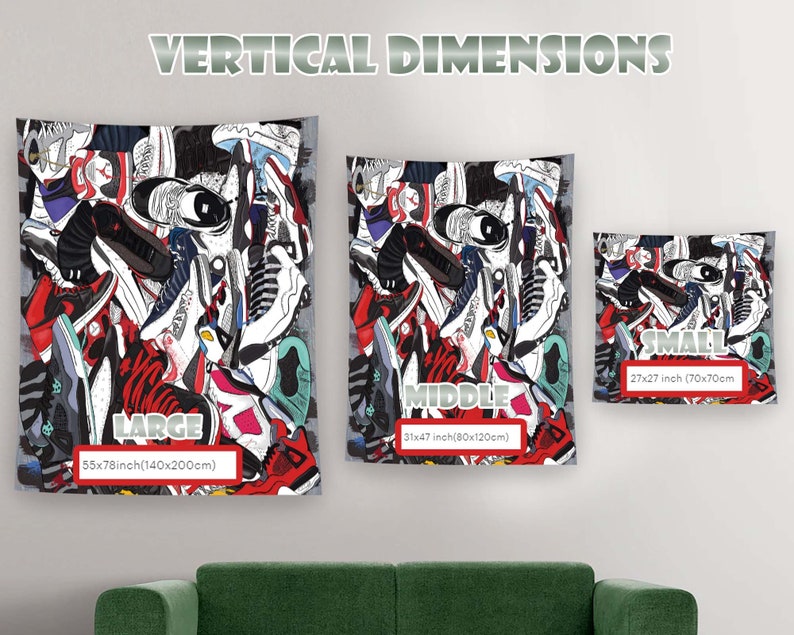 May include: A tapestry featuring a colorful collage of sneakers, with the words "LARGE", "MIDDLE", and "SMALL" indicating different sizes. The tapestry is available in three sizes: 55x78 inches (140x200 cm), 31x47 inches (80x120 cm), and 27x27 inches (70x70 cm).