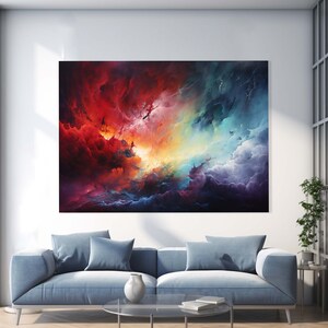 May include: Abstract painting of a colorful sky with red, orange, yellow, blue, and purple clouds. The painting is in a modern style and has a dreamlike quality.