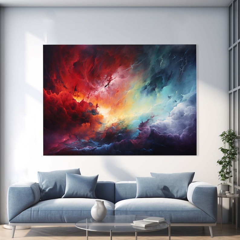 May include: Abstract painting of a colorful sky with red, orange, yellow, blue, and purple clouds. The painting is in a modern style and has a dreamlike quality.