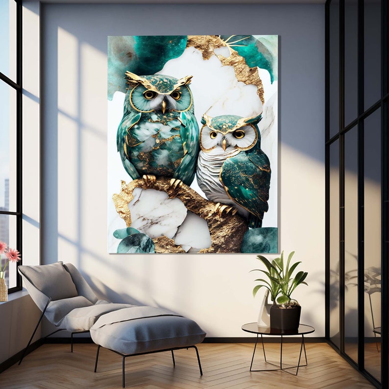 May include: Two owls with gold and teal accents perched on a branch with a marble and gold background.