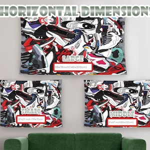 May include: Three different sizes of tapestry featuring a colorful design of various sneakers. The tapestries are labeled "Large", "Middle", and "Small" with their corresponding dimensions in inches and centimeters.