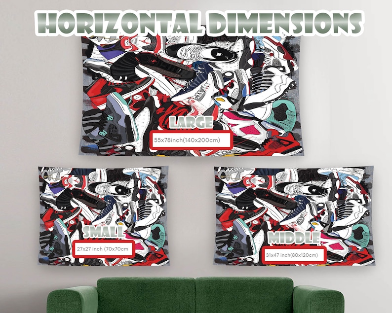 May include: Three different sizes of tapestry featuring a colorful design of various sneakers. The tapestries are labeled "Large", "Middle", and "Small" with their corresponding dimensions in inches and centimeters.