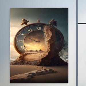 May include: A large, antique clock face with Roman numerals is partially buried in sand. The clock face is set against a desert landscape with a sunset in the background. The clock face is cracked and broken, suggesting the passage of time.
