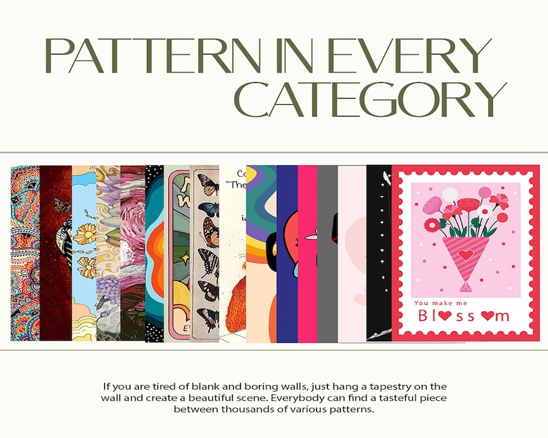 May include: A collage of colorful patterns and designs, including floral, geometric, and abstract motifs. The text "PATTERN IN EVERY CATEGORY" is at the top of the image. The text "You make me Bl❤ss❤m" is on a pink and red card with a bouquet of flowers.