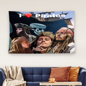 May include: A collage of images featuring characters from the Pirates of the Caribbean movie franchise. The collage includes a heart with the text "I love Pirates" and images of Captain Jack Sparrow, Will Turner, and Elizabeth Swann.