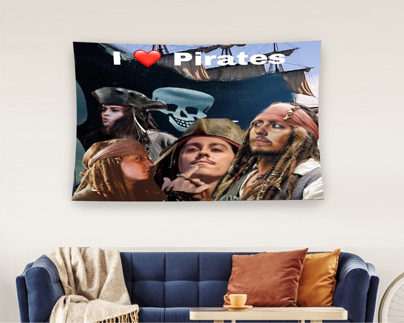 May include: A collage of images featuring characters from the Pirates of the Caribbean movie franchise. The collage includes a heart with the text "I love Pirates" and images of Captain Jack Sparrow, Will Turner, and Elizabeth Swann.