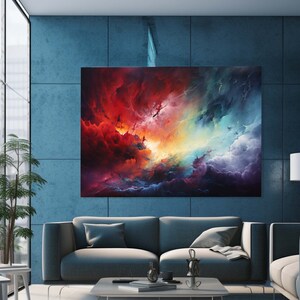 May include: Abstract painting with vibrant colors of red, orange, yellow, blue, and purple. The painting depicts a swirling cloud formation with a bright light in the center.