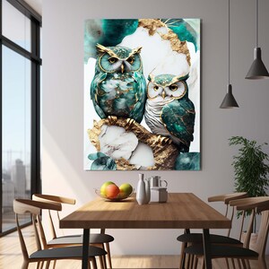 May include: Two green and gold owls perched on a branch with a marble and gold background. The owls have detailed feathers and a realistic appearance.