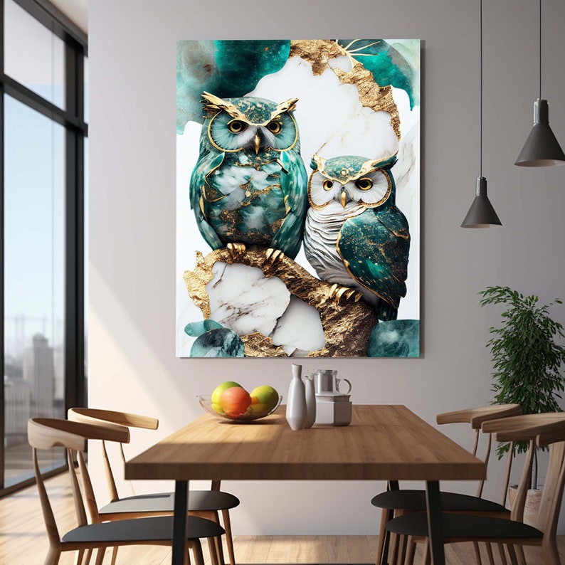 May include: Two green and gold owls perched on a branch with a marble and gold background. The owls have detailed feathers and a realistic appearance.