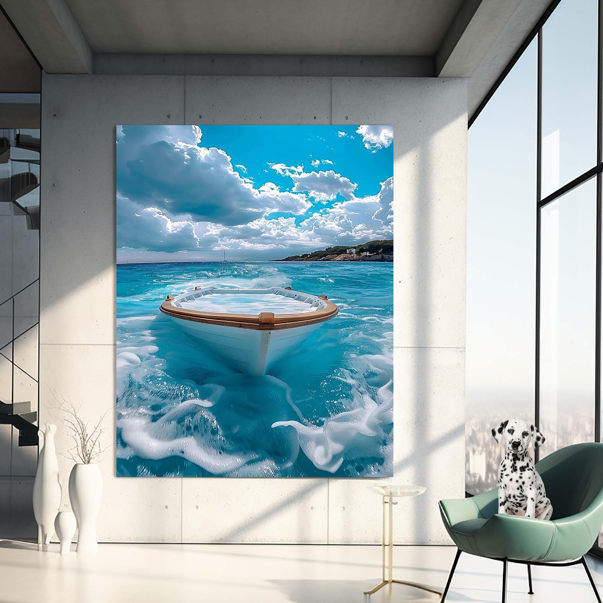 Wave Sea Themed Wall Decor, Blue Landscape Glass Wall Art, Boat Wall ...