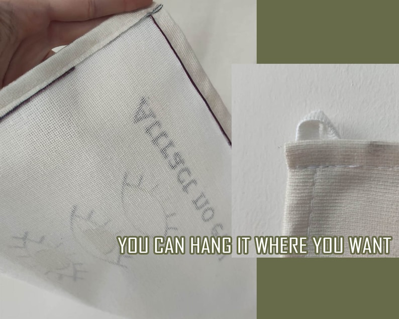 May include: A white canvas bag with a black border and a loop for hanging. The bag has the text "YOU CAN HANG IT WHERE YOU WANT" printed on it.