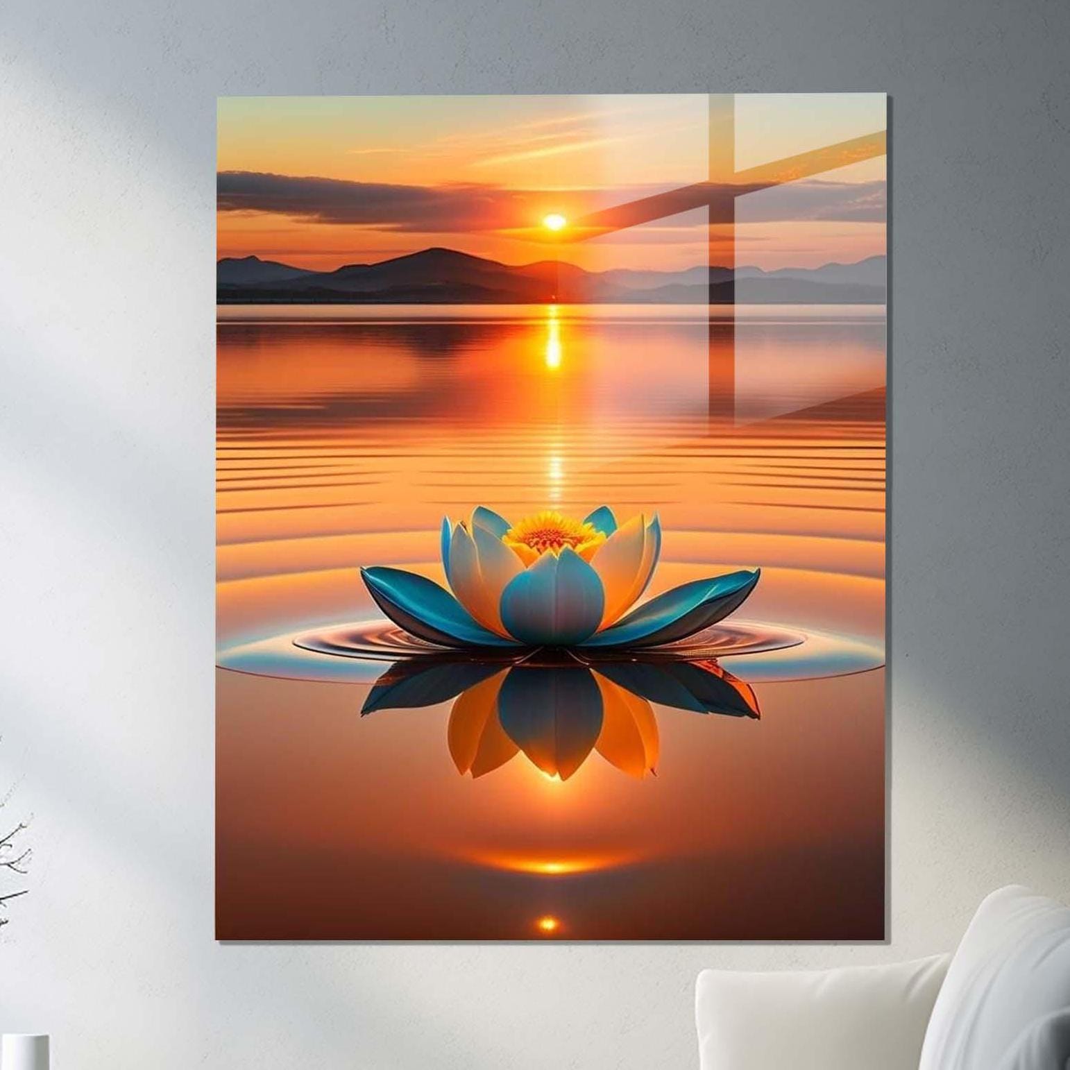 Seaside Lotus Tempered Glass Wall Art, Marble Design Wall Decor, Glass Wall Art, Luxury Glass Art, Office Wall Decor, Sunset Glass Wall Art