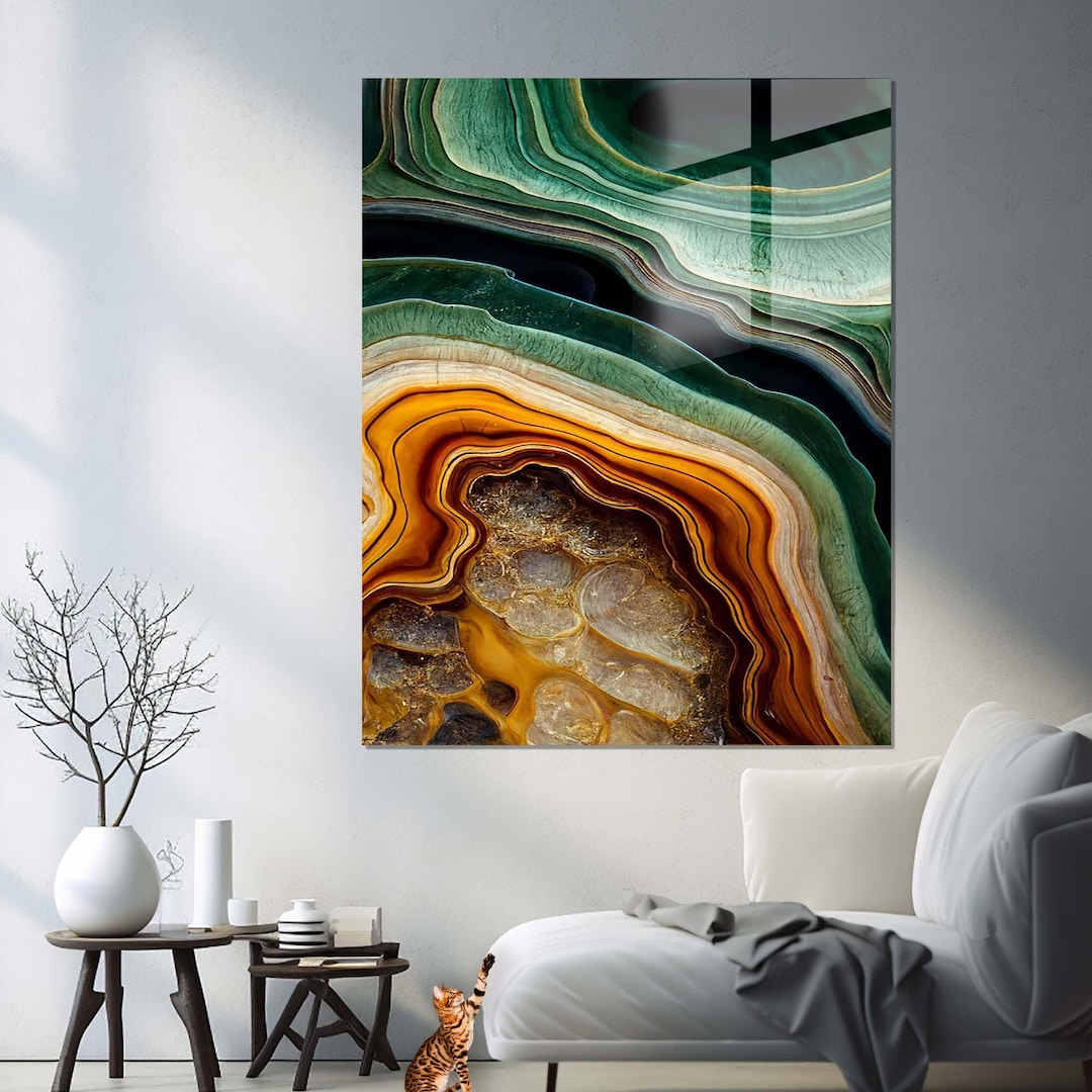Abstract Marble Tempered Glass Wall Art Green Orange Luxury Modern ...
