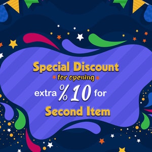 May include: A blue and purple banner with stars and confetti announces a special discount for opening. The text reads "Special Discount for opening extra %10 for Second Item".
