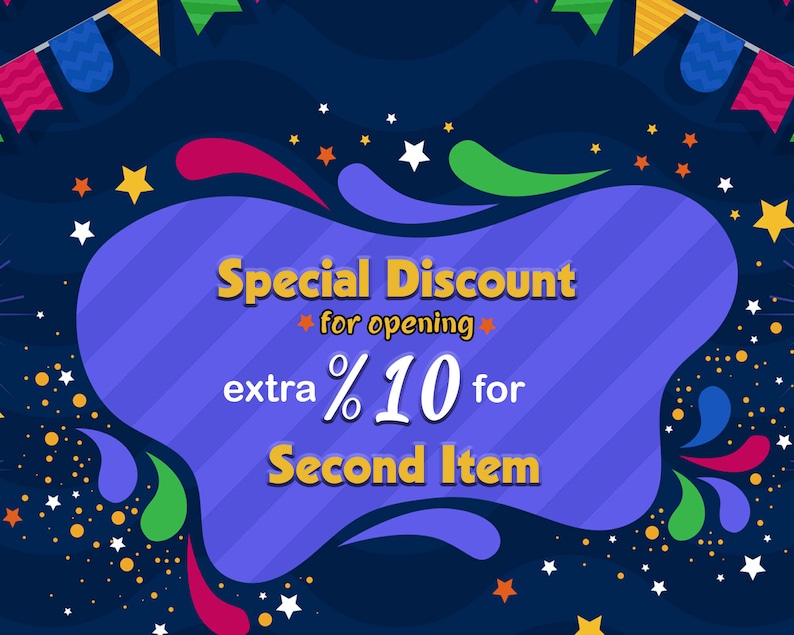 May include: A blue and purple banner with stars and confetti announces a special discount for opening. The text reads "Special Discount for opening extra %10 for Second Item".