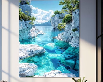 Puede incluir: Una fotografía de paisaje que presenta una laguna azul turquesa rodeada de acantilados blancos y árboles verdes exuberantes. El agua es cristalina y refleja el cielo azul y las nubes blancas.