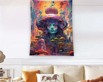 May include: A psychedelic tapestry featuring a woman with blue skin and long black hair, surrounded by colorful mushrooms and a swirling background.