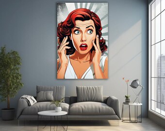 Kunst aan de muur gehard glas, komische popart, vrouw WOW, popart muurkunst, komische stijl Omg Shock, glazen muurkunst, kunst aan de muur vrouw, cadeau voor thuis