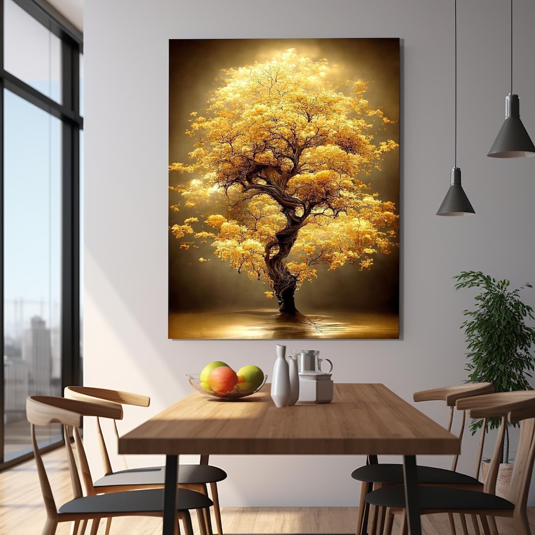 Life of Tree, Gold Tree Wall Decor, Tempered Glass Wall Art, Floral