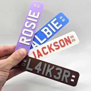 May include: A hand holds four rectangular nameplates in various colors: purple, blue, white, and brown. Each plate features a different name or word in bold, white or silver lettering: "ROSIE", "ALBIE", "JACKSON", and "L4IK3R:".