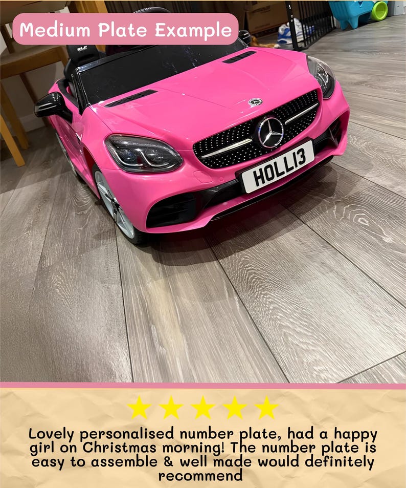 May include: A bright pink toy car with the text "HOLLI3" on the license plate. The car has a black grill and headlights. The image also includes the text "Medium Plate Example".