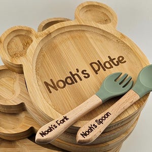 Personalised Baby Dining Set – Bamboo Weaning Plate, Fork and Spoon Set. Weaning Set, First Birthday Baby Shower Gift for Newborns