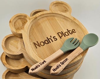 Personalised Baby Dining Set – Bamboo Weaning Plate, Fork and Spoon Set. Weaning Set, First Birthday Baby Shower Gift for Newborns