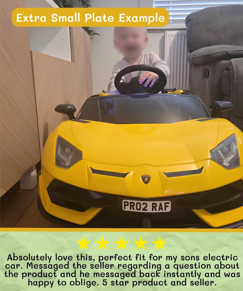 May include: A bright yellow electric toy car with black accents, featuring a steering wheel and a license plate that reads "PRO2 RAF". The car has a sleek, modern design, suitable for children.