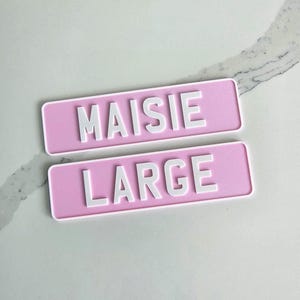 May include: Two rectangular pink signs with white text. The top sign reads "MAISIE" and the bottom sign reads "LARGE". The signs have a textured surface and a white border.