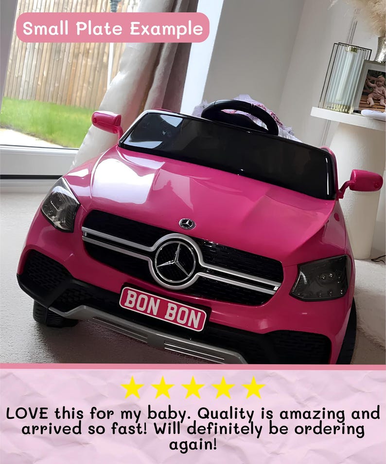 May include: A bright pink toy car with a black windshield and a silver emblem. The car has a license plate that reads "BON BON". The image also includes the text "Small Plate Example".