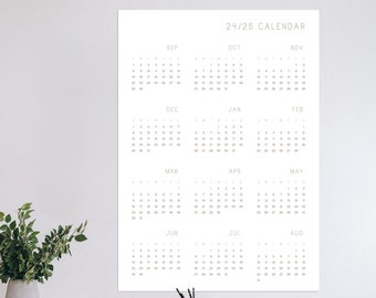 Minimalist academic calendar on one page 2024-2025 year at a glance student calendar mid year large A1 size, A2 size, A3 size printed