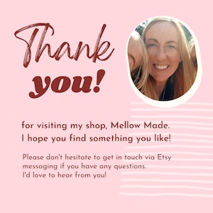 May include: A pink graphic with the words "Thank you!" in a dark red script. The text is accompanied by a photo of a smiling person. The message is a thank you to customers for visiting the shop.