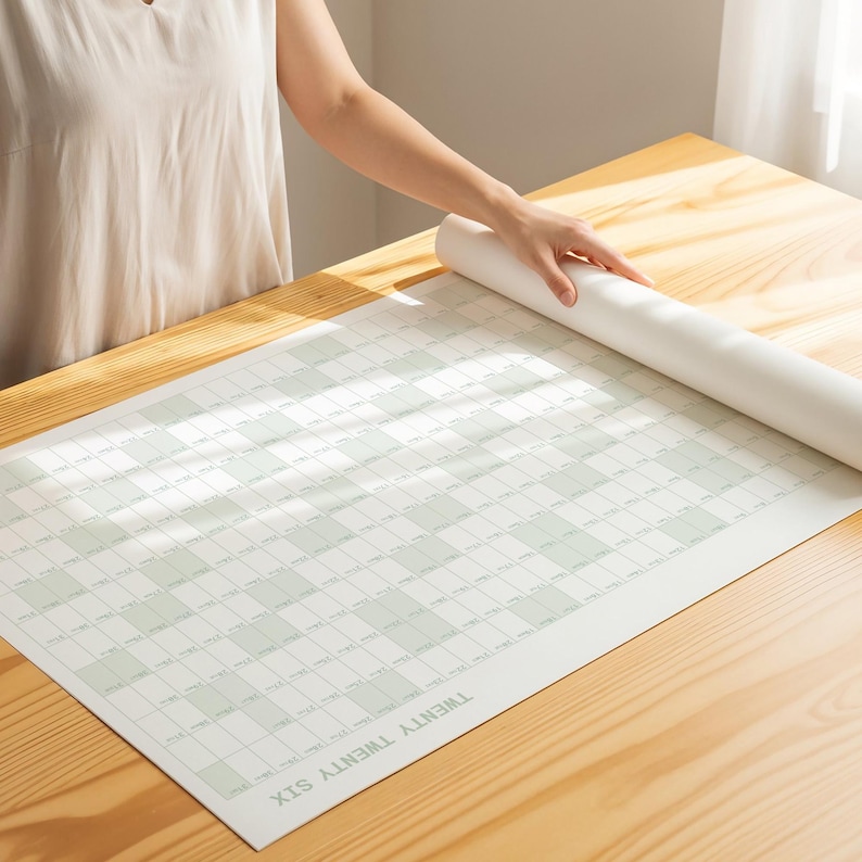 This 2026 calendar shows the months as letters down the left hand side and then shows each day and date running left to right with a box for each days notes etc. It has a white background with a green font. Weekends highlighted in pastel green colour.