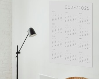 Minimalistischer Akademiker Kalender auf einer Seite 2024-2025 Jahr auf einen Blick Studenten Kalender Mitte Jahr groß A1 größe, A2 größe, A3 größe gedruckt