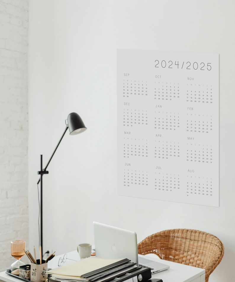 Minimalistischer Akademiker Kalender auf einer Seite 2024-2025 Jahr auf einen Blick Studenten Kalender Mitte Jahr groß A1 größe, A2 größe, A3 größe gedruckt Bild 1