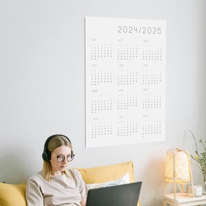 Minimalistischer Akademiker Kalender auf einer Seite 2024-2025 Jahr auf einen Blick Studenten Kalender Mitte Jahr groß A1 größe, A2 größe, A3 größe gedruckt Bild 3