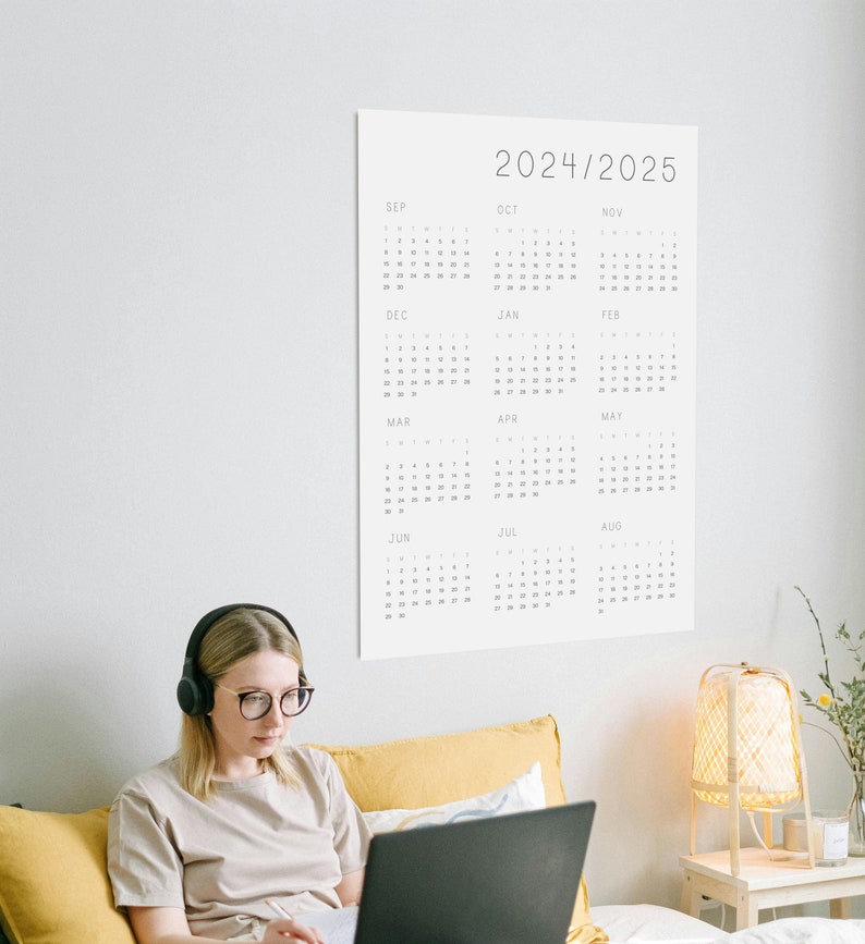 Minimalistischer Akademiker Kalender auf einer Seite 2024-2025 Jahr auf einen Blick Studenten Kalender Mitte Jahr groß A1 größe, A2 größe, A3 größe gedruckt Bild 3