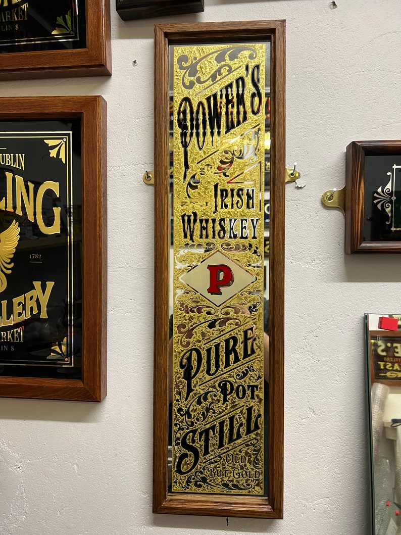 Powers Irish Whiskey , Glue Chipped Gold Leaf Bar Pillar Mirror
