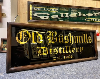 Vintage style Irish whiskey  , reverse painted , 22ct  goldleaf , bar / pub / mancave glass sign .