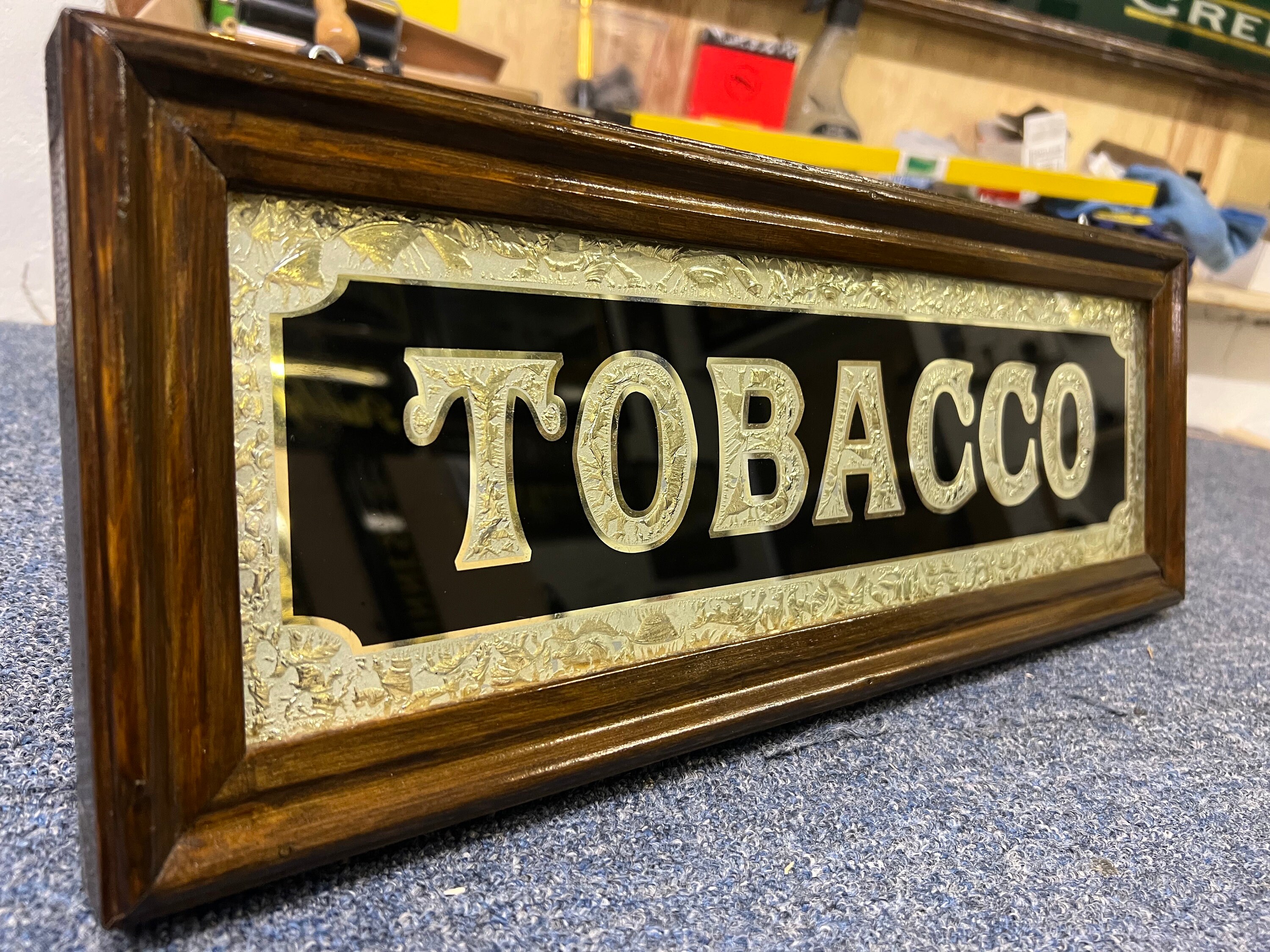 antique tobacco signs , Reverse Painted , Glue Chipped and Gilded Glass Sign Unusual fred wright tobacco and