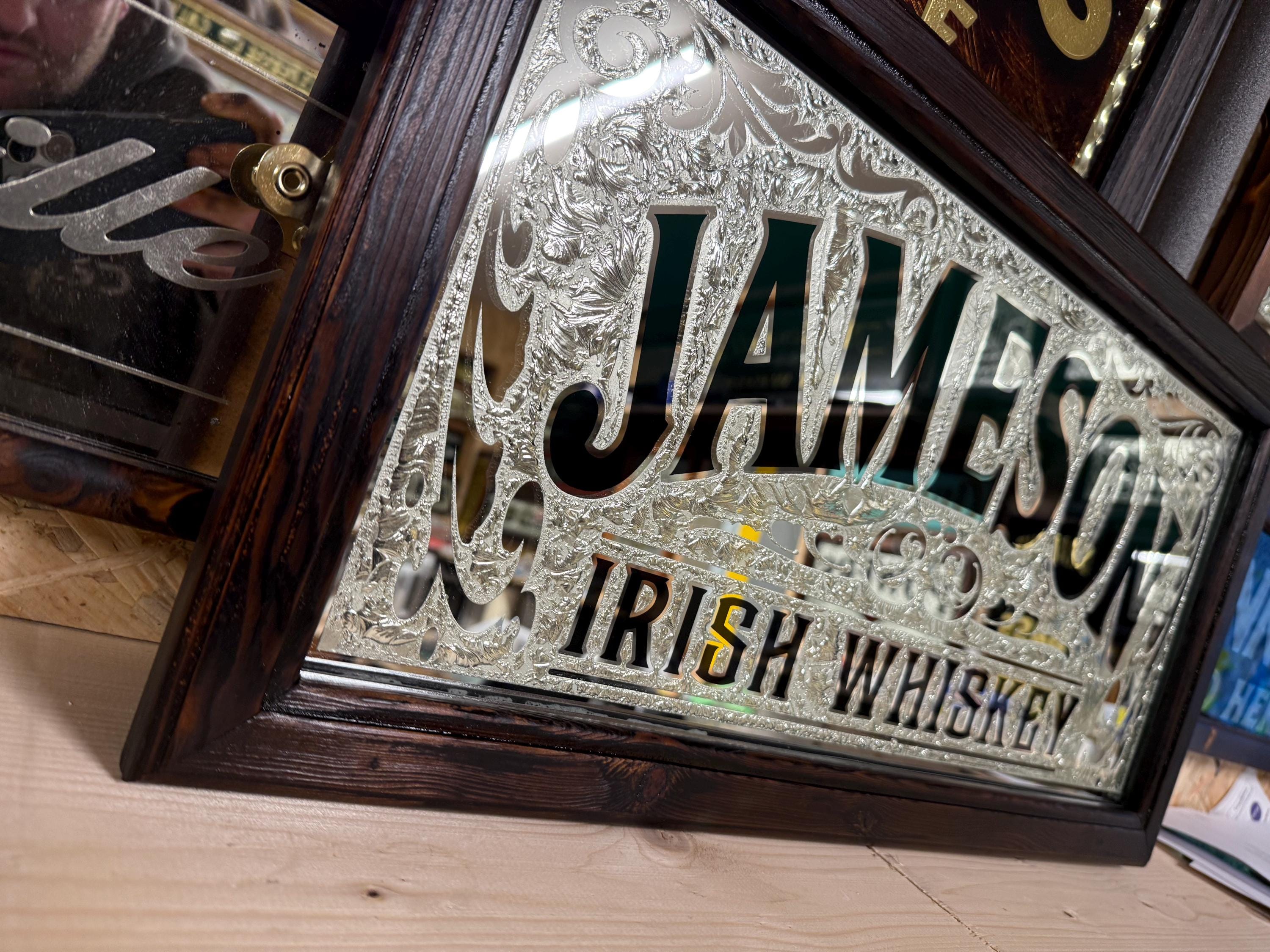 Vintage JAMESON パブミラー 鏡 ウイスキー Jameson Irish Whiskey 22kt Goldleaf Glue Chipped Glass Pub/bar