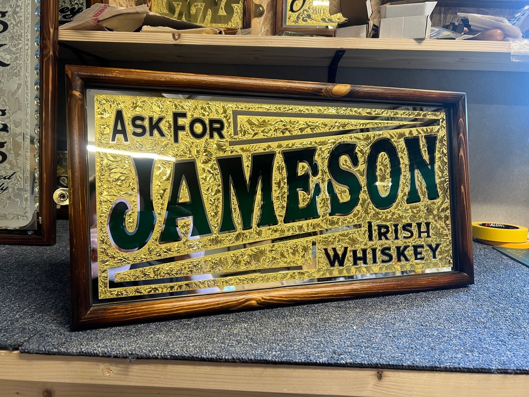 Vintage JAMESON パブミラー 鏡 ウイスキー Jameson Irish Whiskey , Glue Chipped Goldleaf Irish Pub/bar